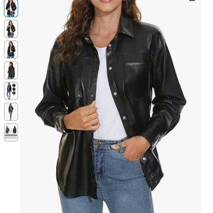 Fahsyee Faux Leather Shacket Moto Biker Shirt Loose Fit Blazer Long Sleeve